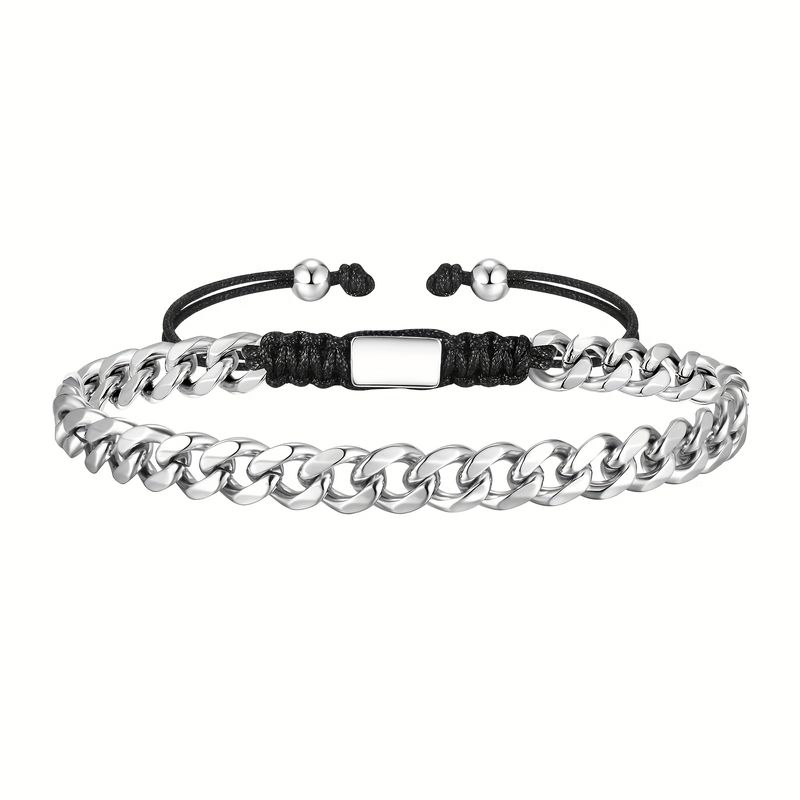 Men's Rope And Chain Woven Chain Bracelet: Handmade Fashionable Men's Stainless Steel Metal Non Color Changing Waterproof Cuban Chain Bracelet_voghion.com
