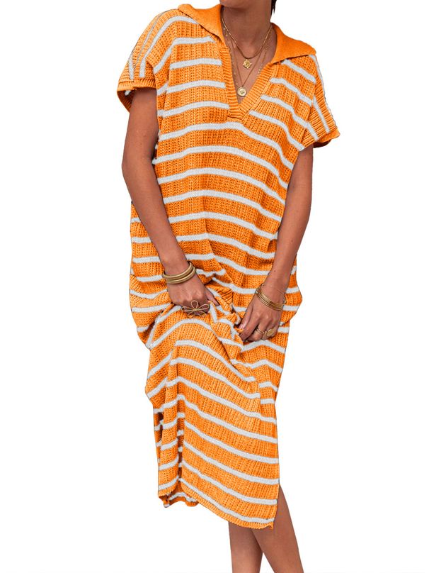 Pull long à col en V et à revers bas pour femme_voghion.com