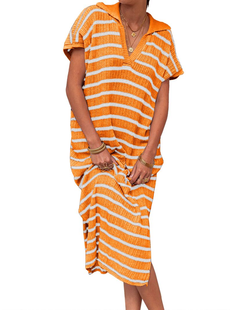 Women's Clothing V neck striped low cut lapel long sweater with_voghion.com