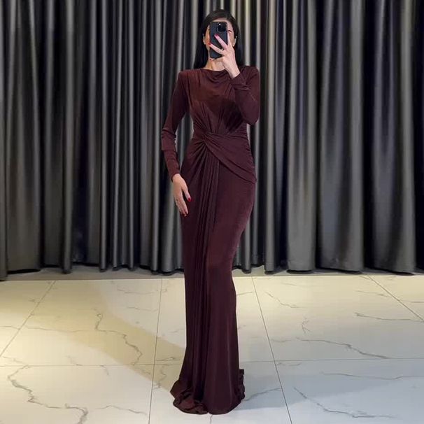Women's Clothing Sexy Fashion Round Neck Pleated Waist Slim Fit Solid Color Temperament Dress_voghion.com
