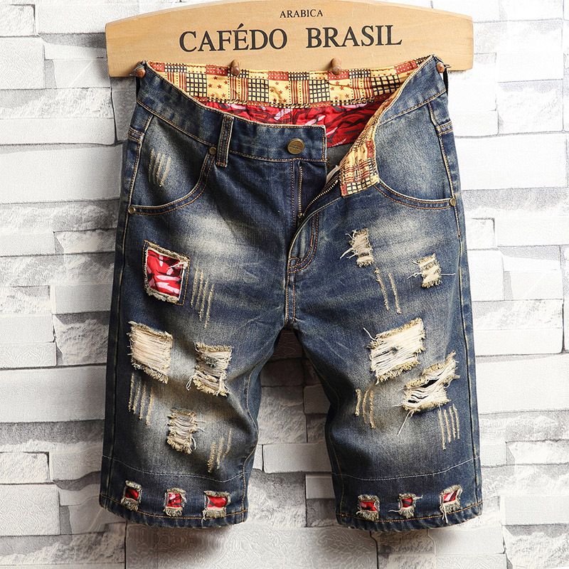Man's clothing Denim shorts Men Slim straight slim ripped five/medium pants stretch jeans men_voghion.com