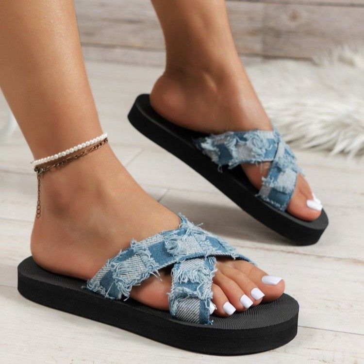 Sandalen Casual Komfort Kräiz Denim Check Einfach Fra_voghion.com