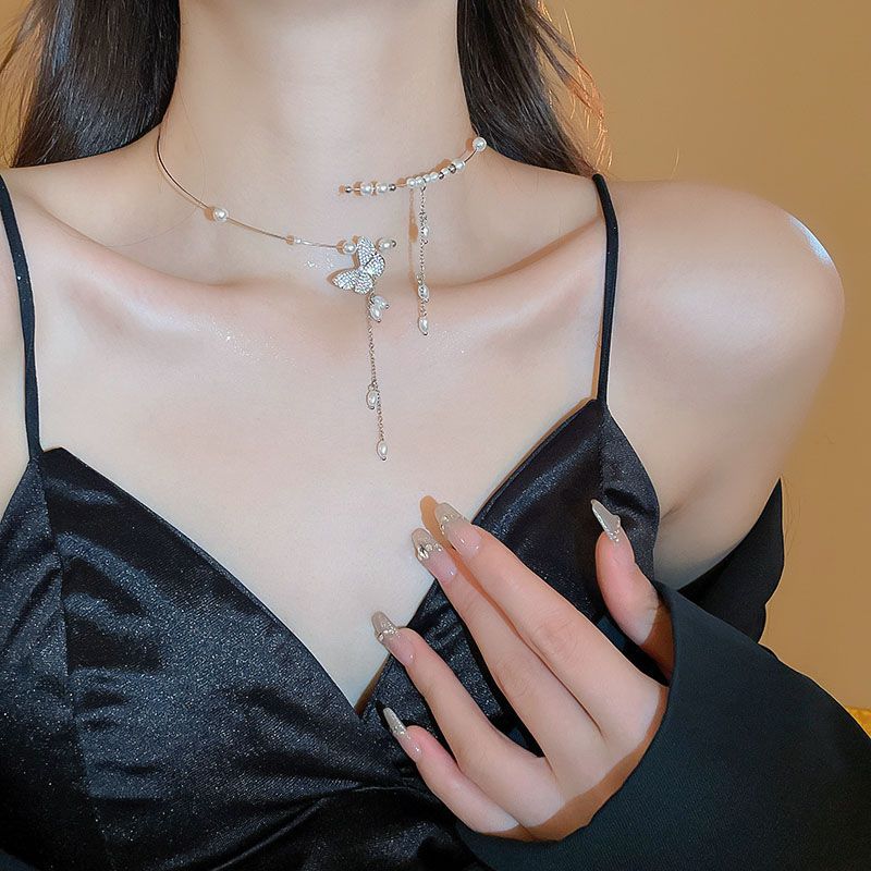 Sier Butterfly Pearl Tassel Collar Women's 2024 New Popular Choker High-end Necklace_voghion.com