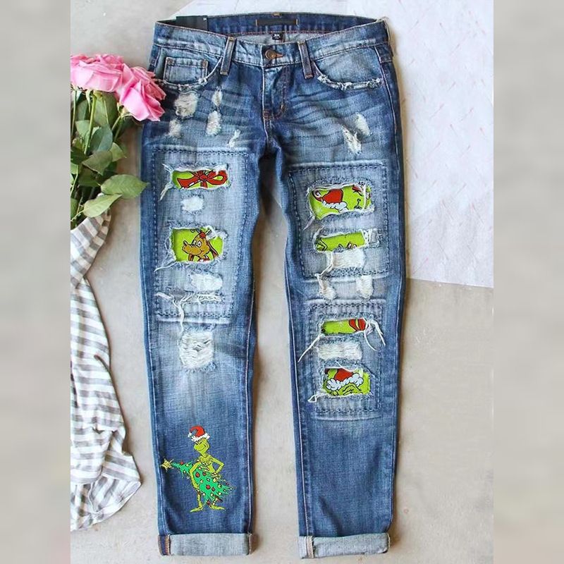 Women's Clothing new hole print casual straight mid waist women's washed jeans_voghion.com