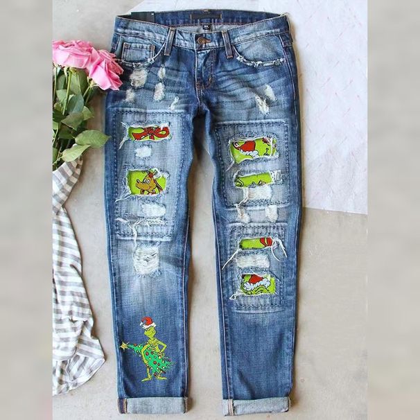 Women's Clothing new hole print casual straight mid waist women's washed jeans_voghion.com