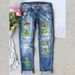 Women's Clothing new hole print casual straight mid waist women's washed jeans_voghion.com