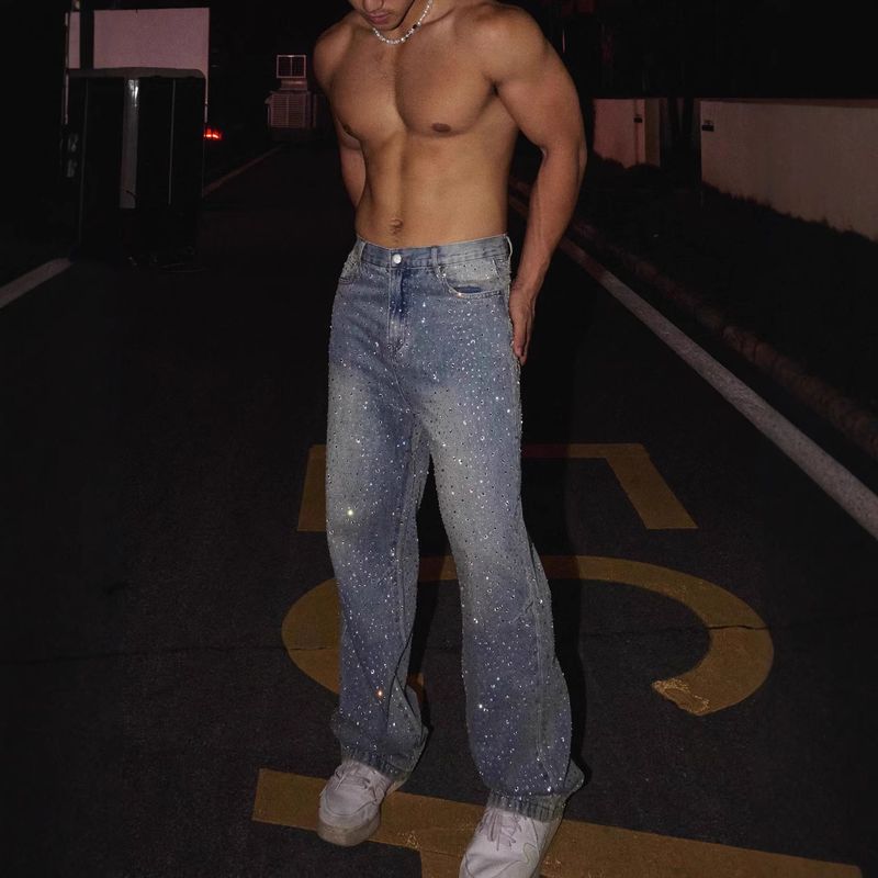 Odzież męska Nowe, podstawowe produkty z głównej ulicy, dżinsy z pełnym diamentem, męskie spodnie Niche Flash Diamond Retro Straight_voghion.com