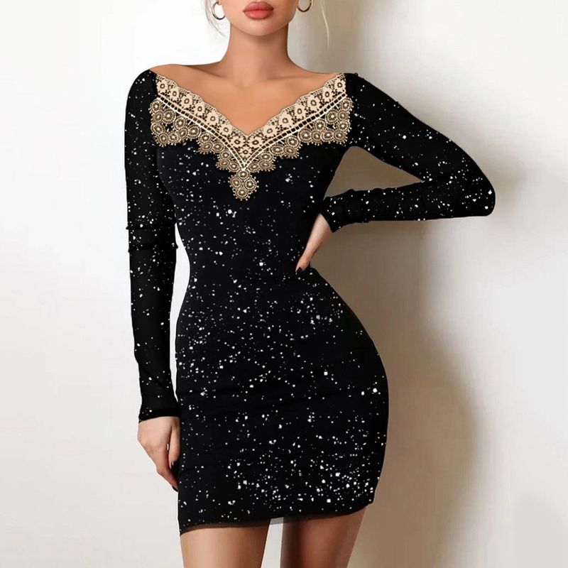 Europäische und amerikanische grenzüberschreitende Frauen körperbetontes silbernes Schultertaschen-Hüft-Schwarzkleid-Abendkleid_voghion.com