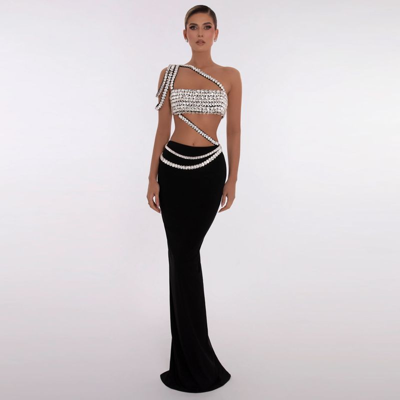 Ensemble jupe bandage strass pour femme, robe de soirée, haut deux pièces, jupe bandage longue_voghion.com