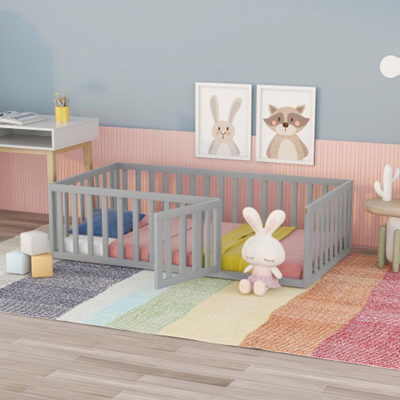Kinderbett 90 X 200, Holzboden Bettrahmen Mit Zaun und Tür, Grau (Alte SKU Für WF316892AAG)_voghion.com