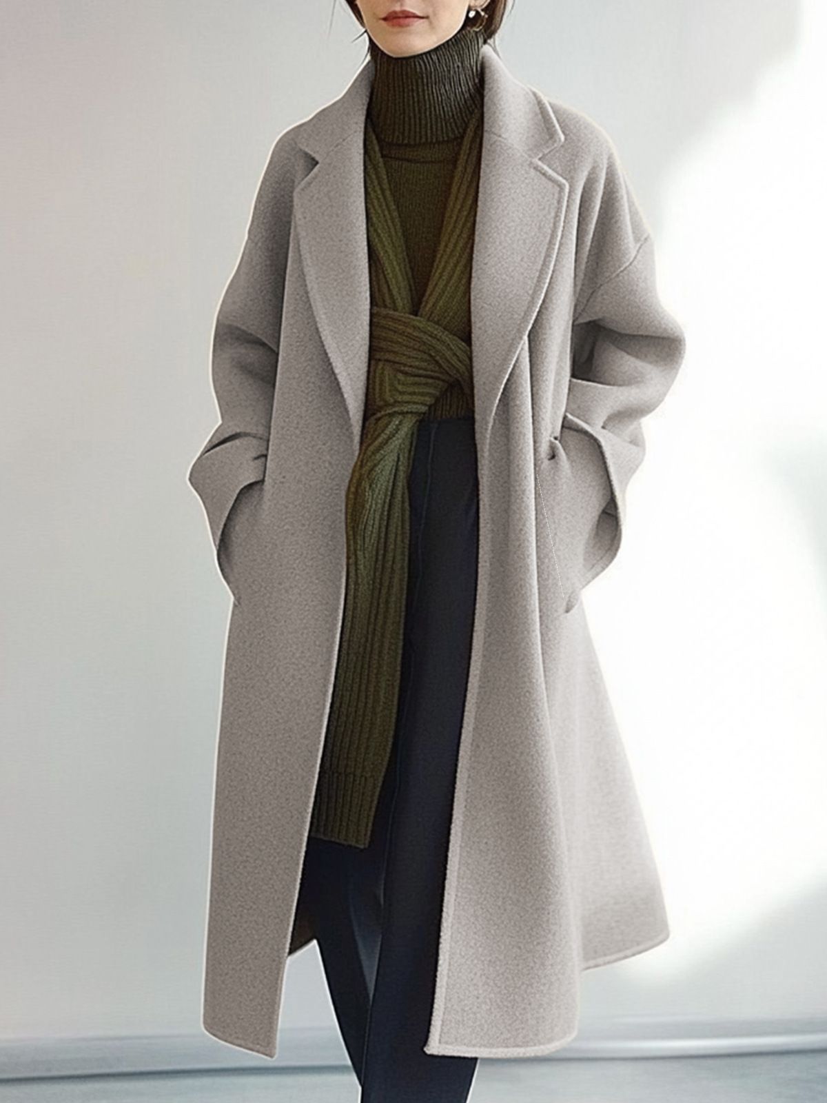 Damen-Trenchcoat, lang, Wollmischung, Gürtel, Wickelmantel, eleganter, locker geschnittener Mantel für Büro und Freizeit_voghion.com