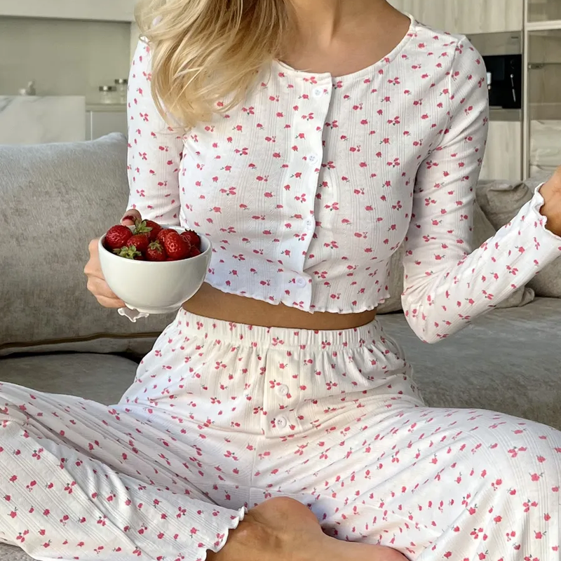 Ladies Butterfly Flower Floral Print Pajama Set, Short Waist Long-sleeved Top And Trousers, Thin Loungewear, Sweat-absorbing And Breathable._voghion.com