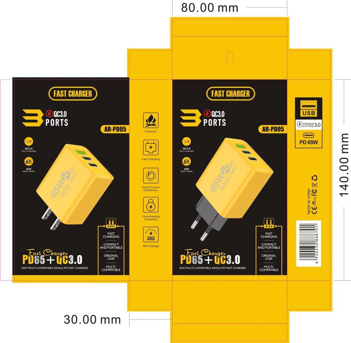 Chargeur de téléphone portable multiport double TYPE C + USB simple 65 W PD US, EU, UK adaptateur chargeur_voghion.com