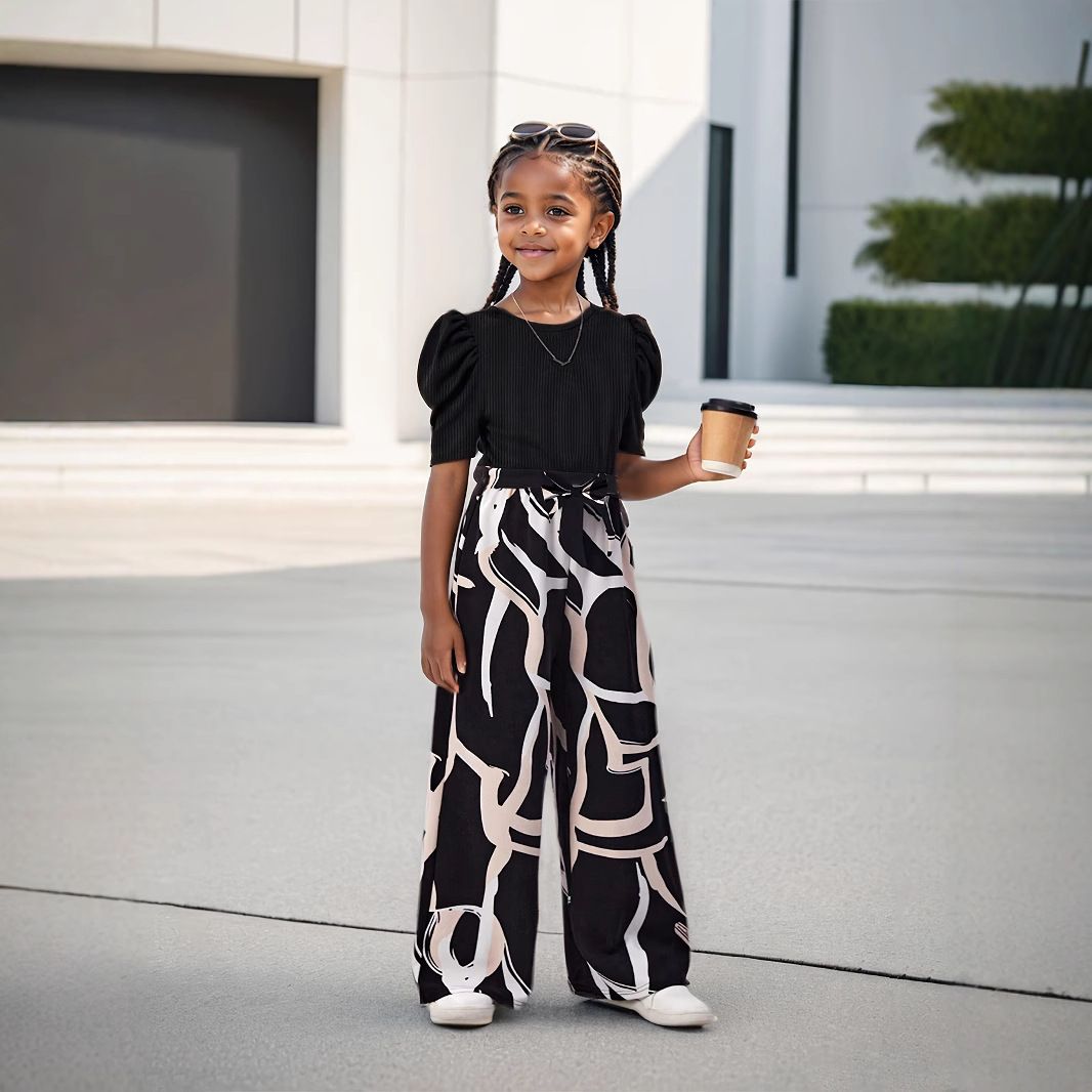 Çocuk Giyim INS Kız Yazlık Kabarık Kollu Şık Günlük Üstler Çiçek Desenli Geniş Paça Pantolon Şık Takım_voghion.com