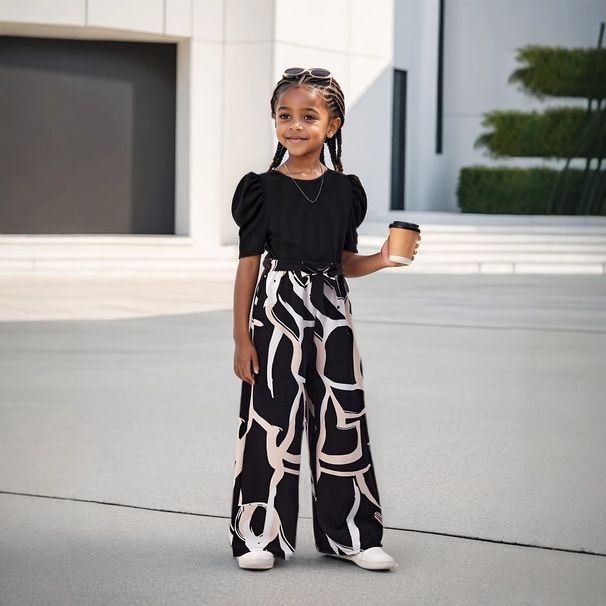 Çocuk Giyim INS Kız Yazlık Kabarık Kollu Şık Günlük Üstler Çiçek Desenli Geniş Paça Pantolon Şık Takım_voghion.com