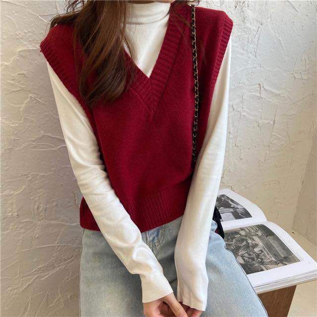 Ragazza Senza Maniche Lavorato a Maglia per Donna, Primavera e Autunno Sottile Scollo a V Largo Corto Capispalla Stratificato Maglione Base Camicia_voghion.com