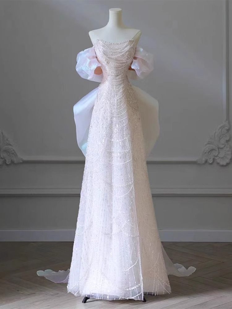 Elegant Off-Shoulder Evening Gown With Lace Detailing – Perfect For Weddings, Banquets & Special Occasions_voghion.com