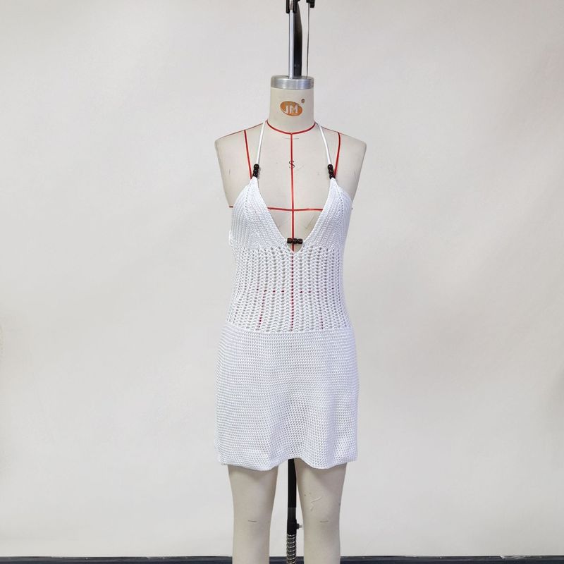 Damenbekleidung Sexy Hohl V-Ausschnitt Neckholder Strap Gestrickter Strandrock Rückenfrei High End Weiblich_voghion.com