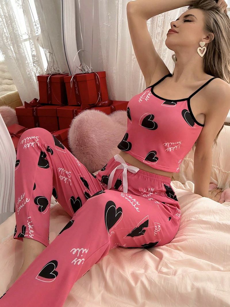 Damenbekleidung, lässig, Homewear, sexy Hosenträger-Pyjama, süßer Liebeshosenanzug_voghion.com
