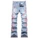Men's Flared Jeans Retro 70s Style High Waist Wide Leg Denim Pants With Embroidered Plum Blossom Design - Light Blue_voghion.com