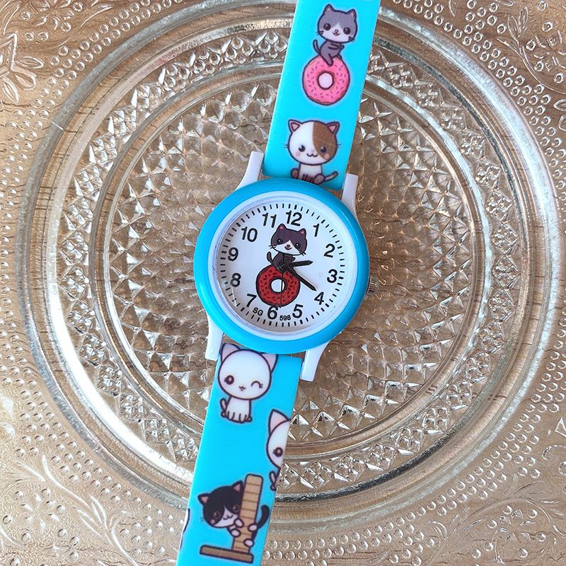 Kinderhorloge met meisjesprint en zacht, schattig cartoonkatje, kinderlijk interessant, delicaat quartzhorloge_voghion.com