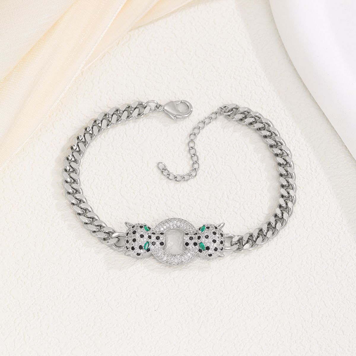 Hip Hop Copper Micro Paved Zircon Men's And Women's Bracelet Real Gold Plated Exaggerated Punk Style Double Leopard Head_voghion.com