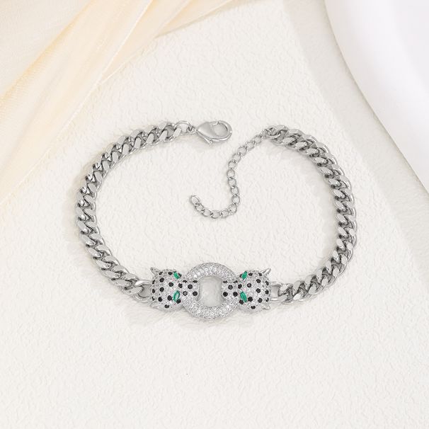 Hip Hop Copper Micro Paved Zircon Men's And Women's Bracelet Real Gold Plated Exaggerated Punk Style Double Leopard Head_voghion.com