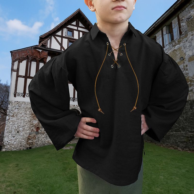 European and American Cross-border Medieval Boy Pirate Shirt Viking Renaissance Lace-up Children's Costume Halloween Casual_voghion.com