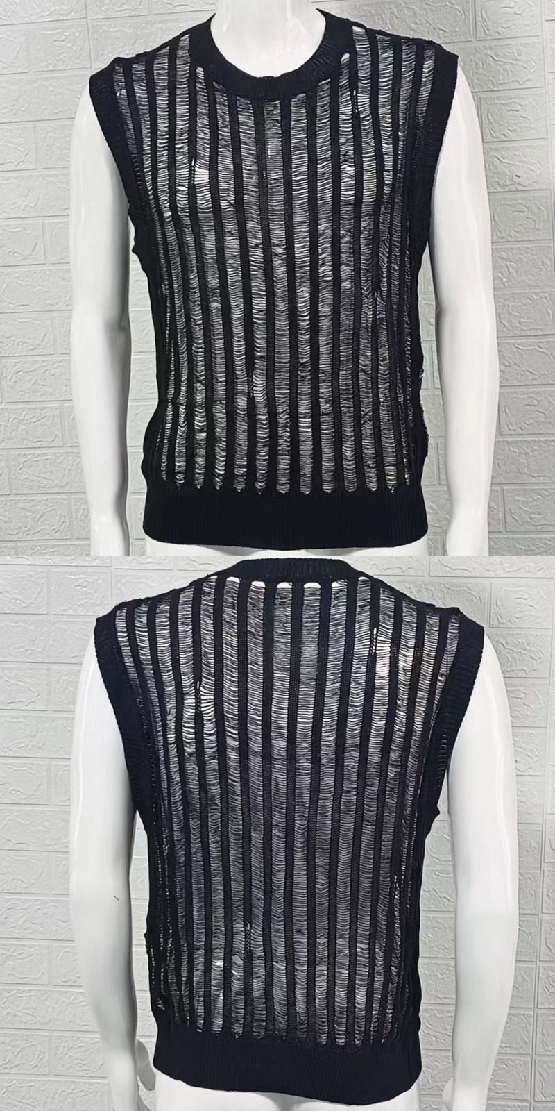 Black Thin Sweater For Men, Round Neck Sleeveless Hollow Knit Vest, Summer Sexy Men's Fashion_voghion.com