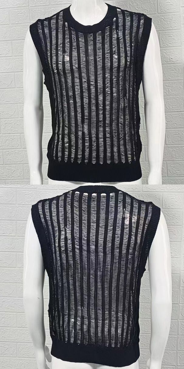 Black Thin Sweater For Men, Round Neck Sleeveless Hollow Knit Vest, Summer Sexy Men's Fashion_voghion.com