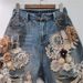 2025 Summer New Niche Lace Flower Stitching Drawing Hole Rhinestone Back Elastic Waist Trendy Cool Denim Shorts_voghion.com