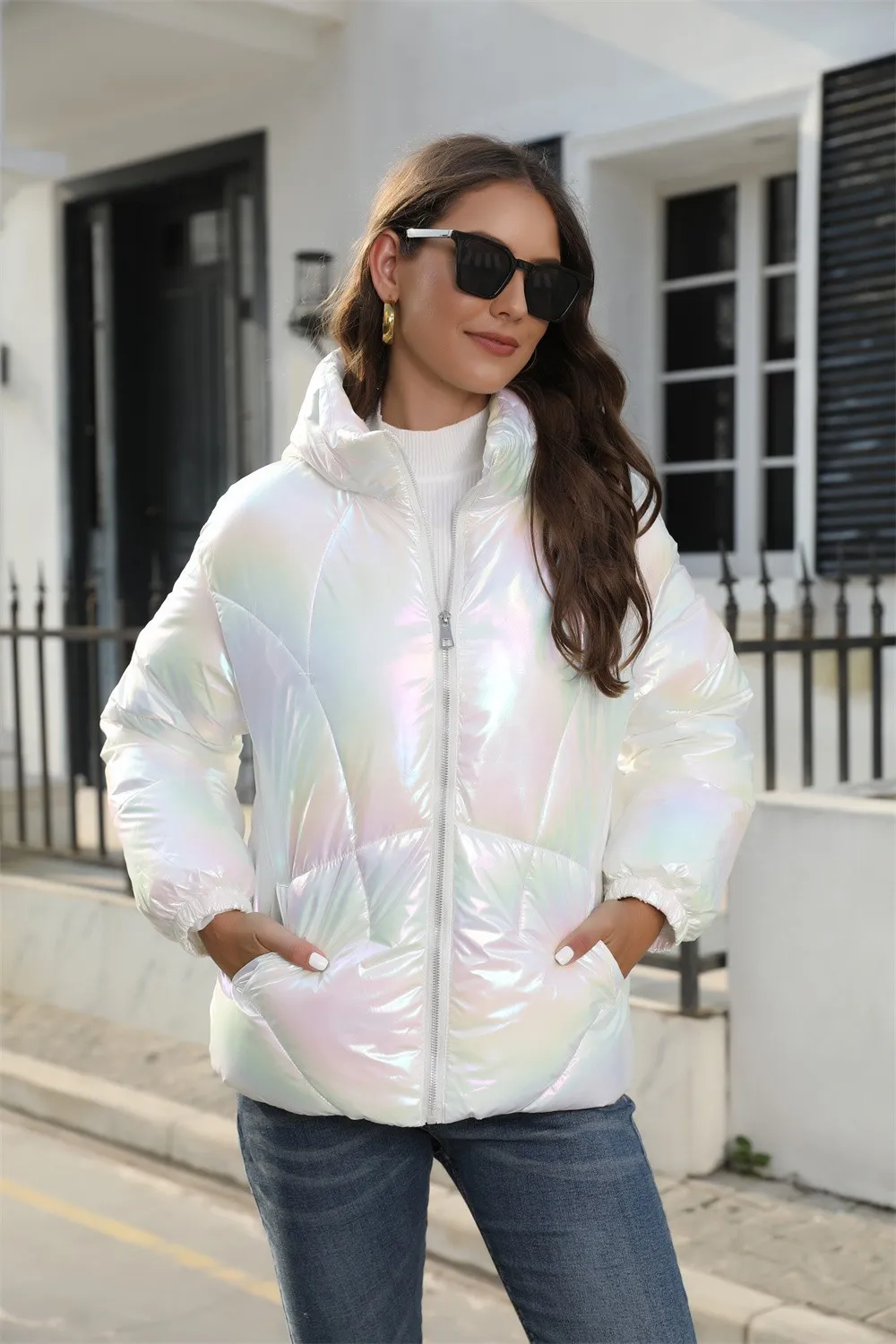 Fashionable bright cotton jacket hooded bread jacket warm cotton jacket_voghion.com