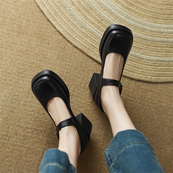Treasure Of The Store: Super Comfortable Color-Block Strap Chunky High Heels Mary Jane Women's Leather Shoes_voghion.com