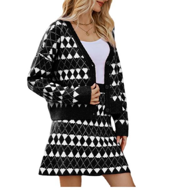 Set in due pezzi lavorato a maglia con scollo a V. Set di maglioni con gonna a trapezio e cardigan lavorato a maglia in stile profumato con rombi_voghion.com