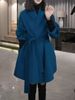 Minimalistischer Damenmantel aus Wollmischung mit Gürtel – Übergroßer Trenchcoat mit schlankmachender Taillenbindung (mittellang, einfarbig blau, vielseitig fürs Büro und Wochenende)_voghion.com