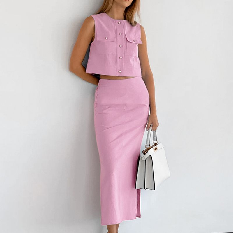 Frauen einfarbig design gefühl split zwei sätze frühling und sommer neue alle-spiel nische hohe taille schlank elegante temperament_voghion.com