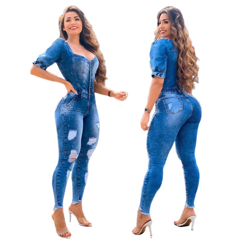 Women's fashion casual sexy denim spray white hole romper_voghion.com