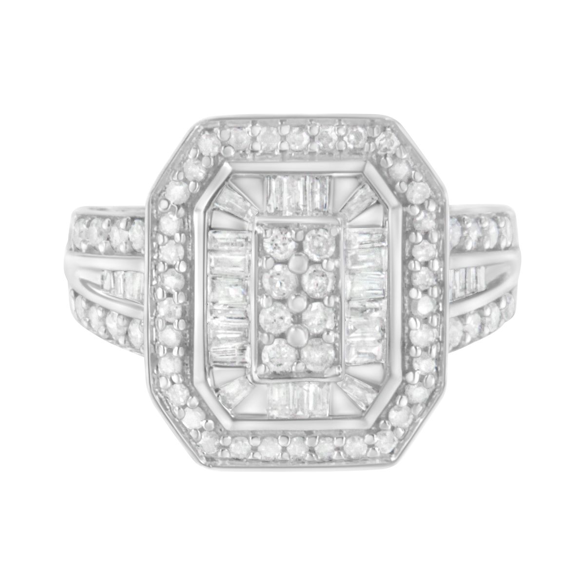 .925 Sterling Silver Round and Baguette Diamond Cathedral Ring (0.75 Cttw, H-I Color, I2-I3 Clarity)_voghion.com