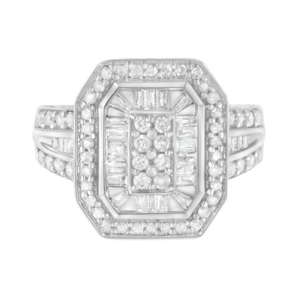 .925 Sterling Silver Round and Baguette Diamond Cathedral Ring (0.75 Cttw, H-I Color, I2-I3 Clarity)_voghion.com