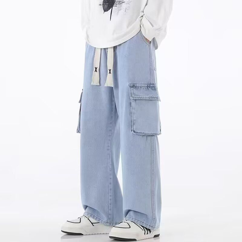 Nouveautés vêtements de travail pour hommes printemps-automne 2025 : pantalons droits amples et longs jusqu'aux pieds, style urbain, jeans en denim gris cendré._voghion.com