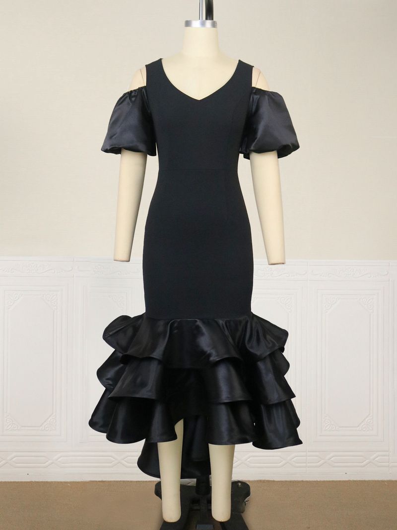 Abito lungo sexy da donna con scollo a V, gonna a strati, ballo da festa_voghion.com