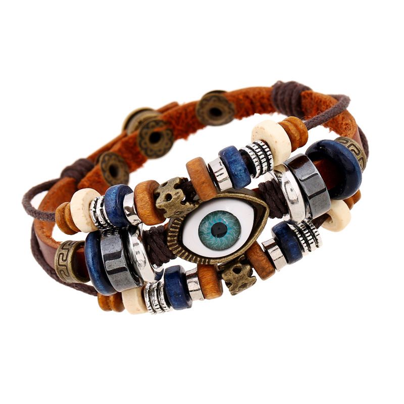 Trendy Boncuklu Göz Charm Deri Bileklik - Ayarlanabilir Kayar Düğüm Tasarımı (Çiftler Eşleşen Boho Tarzı El Yapımı Takı)_voghion.com