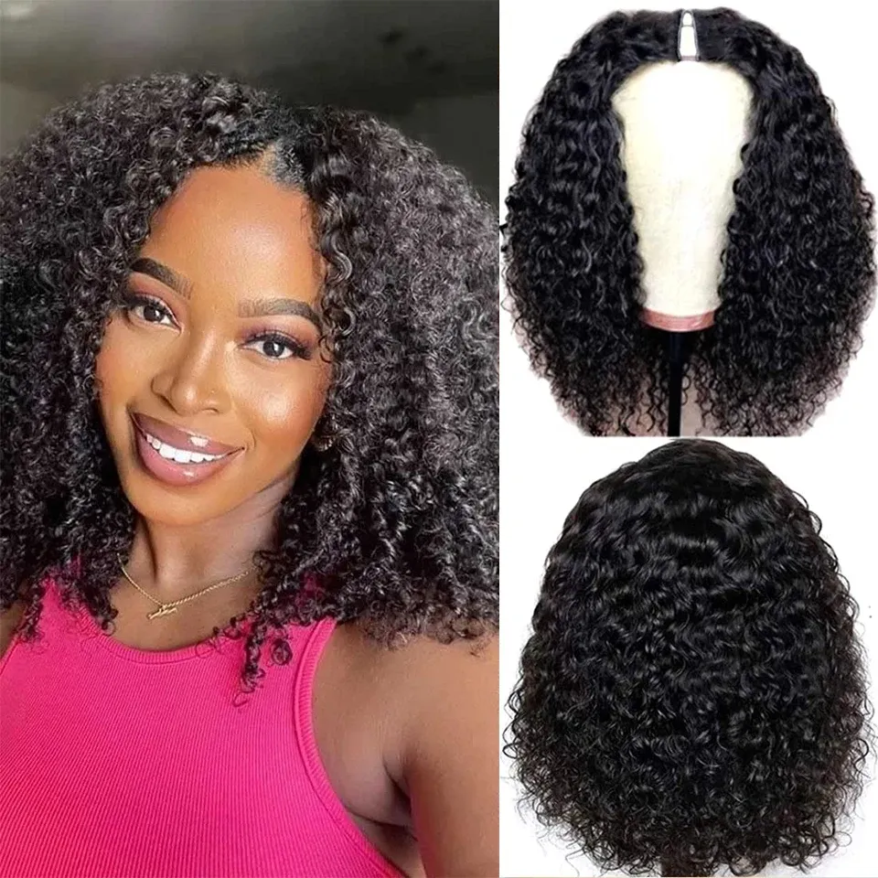 V-Teil Bob-Perücke, verworren, lockig, 250 % Echthaar-Perücken, 20,3–40,6 cm, für Frauen, brasilianisches Echthaar, V-Form, voll maschinengefertigte Perücken_voghion.com