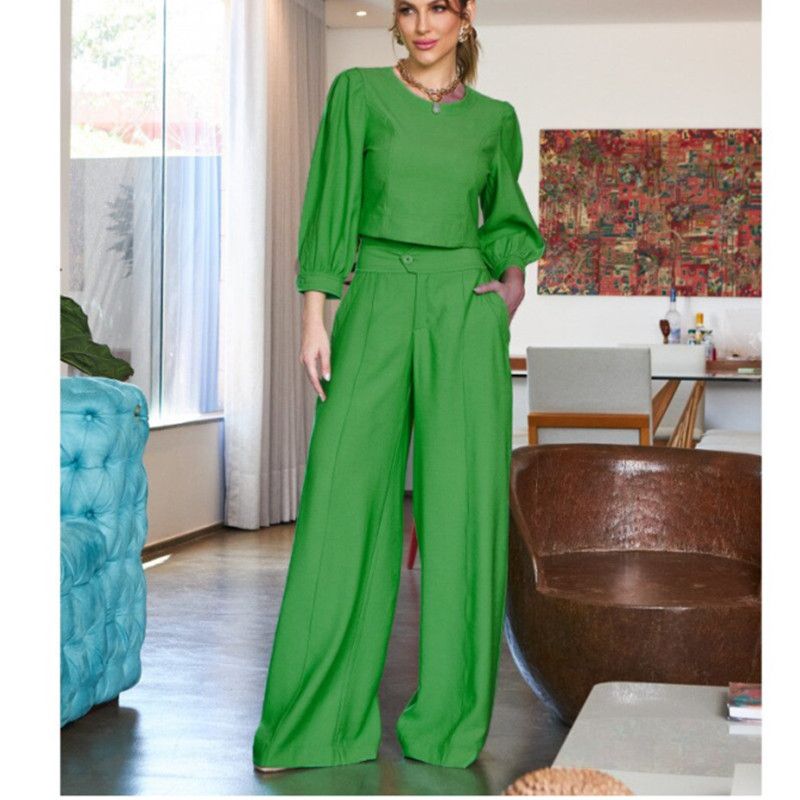 Damenbekleidung neue Mode kurze Langarmshirts hoch taillierte Hose mit weitem Bein zweiteiliges Set_voghion.com