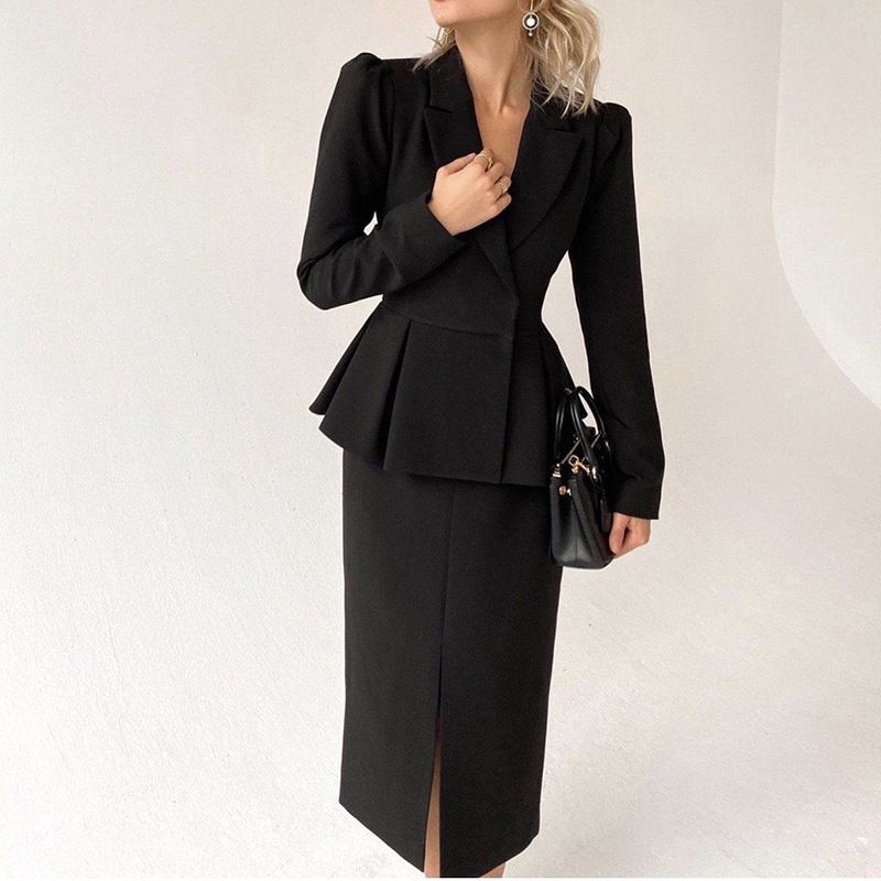 Roupas femininas Nova moda Cintura Slim Fit Quadril Terno Gola Cor sólida Manga comprida Vestido profissional Terno_voghion.com