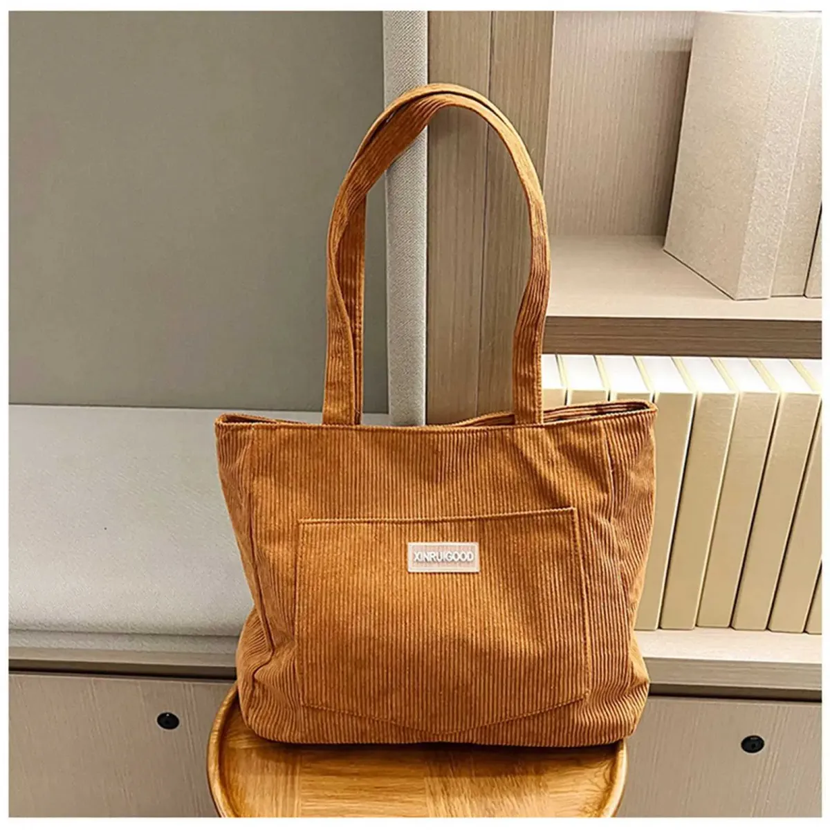 Borsa a tracolla grande, borsa da donna alla moda in velluto a coste tinta unita con tasca frontale, borse firmate, borse da donna, sacC241108_voghion.com