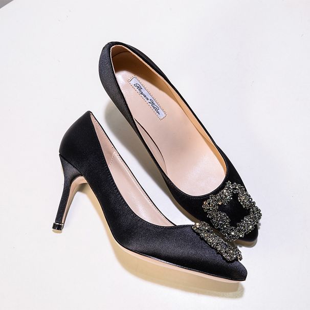 En stock Une pièce Dropshipping MB Por Escarpins à talons hauts et fins pour femmes, bout carré pointu, boucle unique en forme de flocon de neige et strass_voghion.com