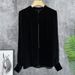 Women's collar beaded imitation silk velvet long-sleeved top shirt_voghion.com