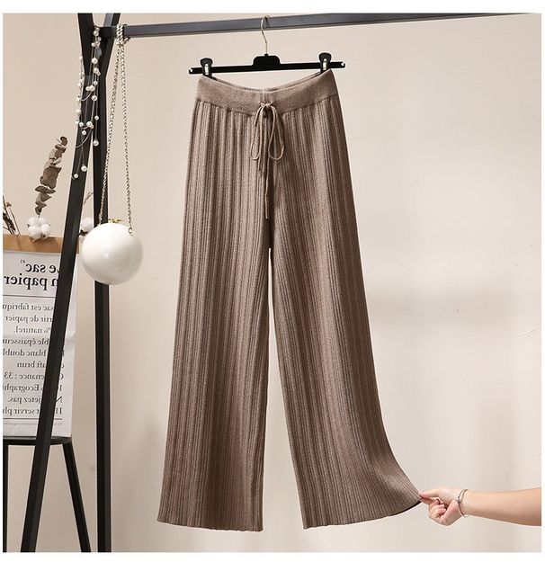 Pantaloni larghi in maglia a vita alta da donna – Pantaloni drappeggiati in stile coreano (bianco/kaki/grigio/nero, taglia unica)_voghion.com