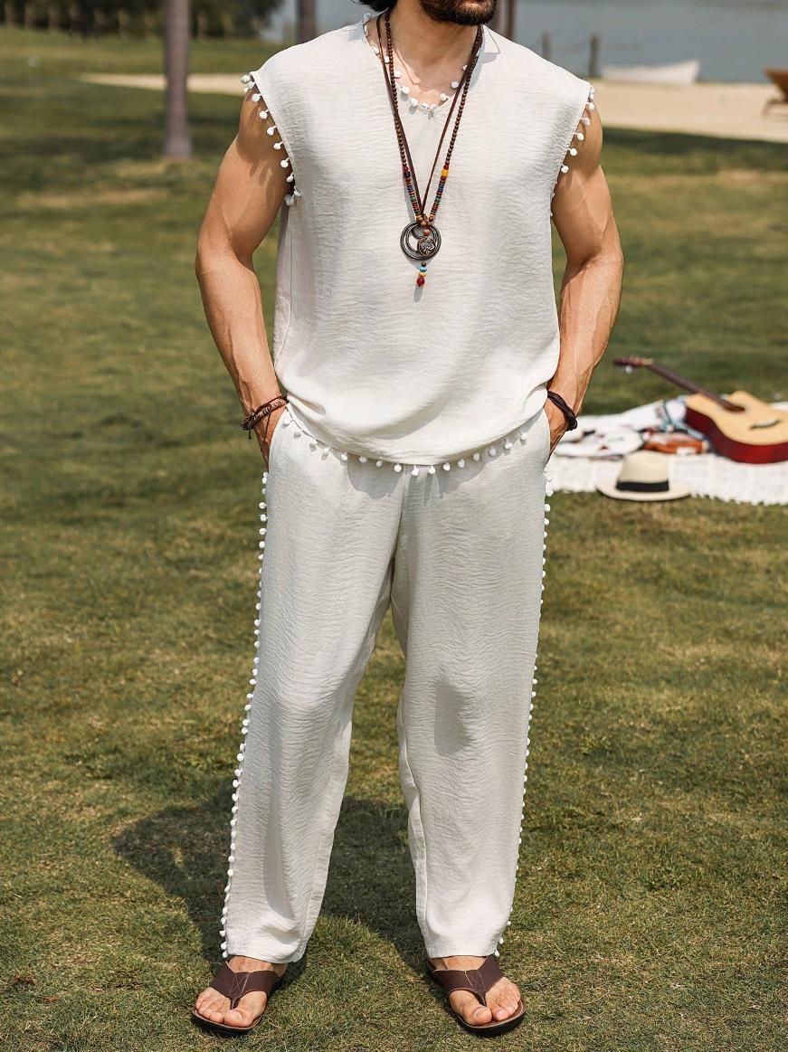 Herrenbekleidung Herren Einfarbig Pelz Ball Dekoration Ärmellose Weste Hosen Anzug INS Meistverkaufte Einfarbig Casual_voghion.com